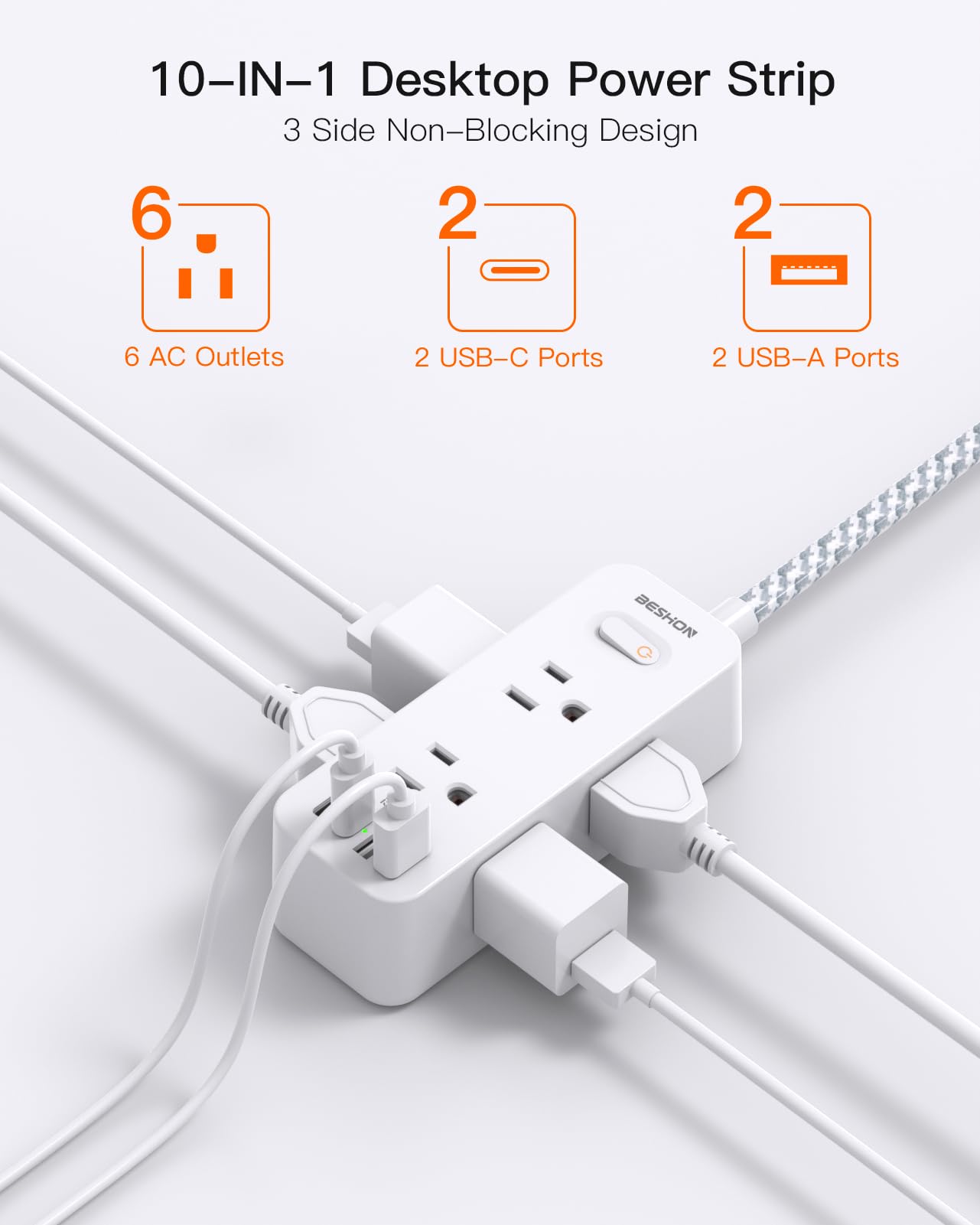 Power Strip Surge Protector, BESHON 5Ft Extension Cord, 6 Outlets with 4 USB Ports (2 USB C Outlet), 3-Side Outlet Extender, Wall Mount, Compact for Travel, Home, School, College Dorm Room and Office