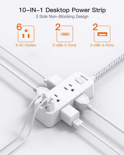 Power Strip Surge Protector, BESHON 5Ft Extension Cord, 6 Outlets with 4 USB Ports (2 USB C Outlet), 3-Side Outlet Extender, Wall Mount, Compact for Travel, Home, School, College Dorm Room and Office