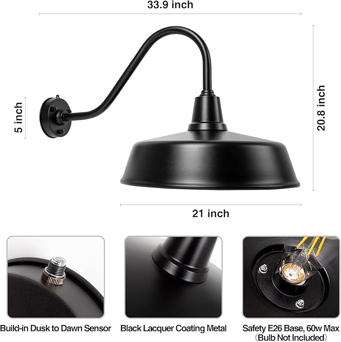 Gooseneck Barn-Lights Outdoor Fixture - 21 inch Farm Style Black Large Lighting Farmhouse Exterior Sconce Wall Light for House, Dusk to Dawn Sensor Front Door Porch Garage (21 inch)