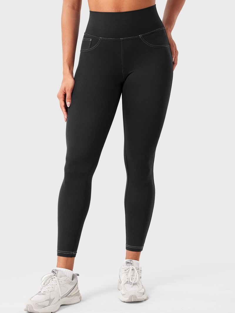 YEOREO CoreFlex Women Workout Leggings with Pockets Scrunch Butt Lifting Gym Cargo Denim-Look Yoga Pants Black L