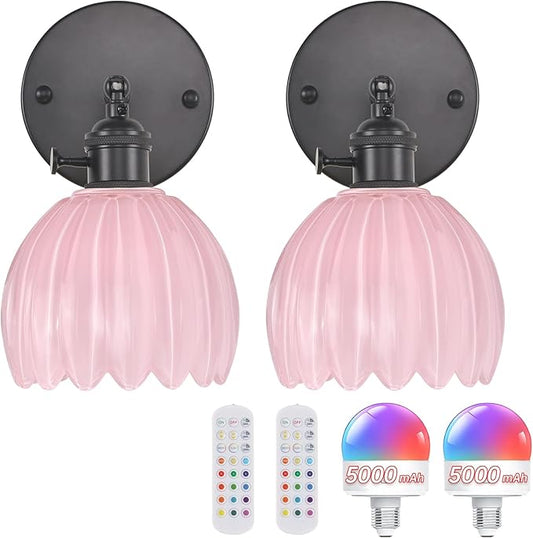 Vintage 5000 mAh Battery Operated Wall Sconce with Pink Tulip Glass Lampshade Rechargeable Battery Powered Wall Light with Remote Control for Bedroom Doorway, Set of 2