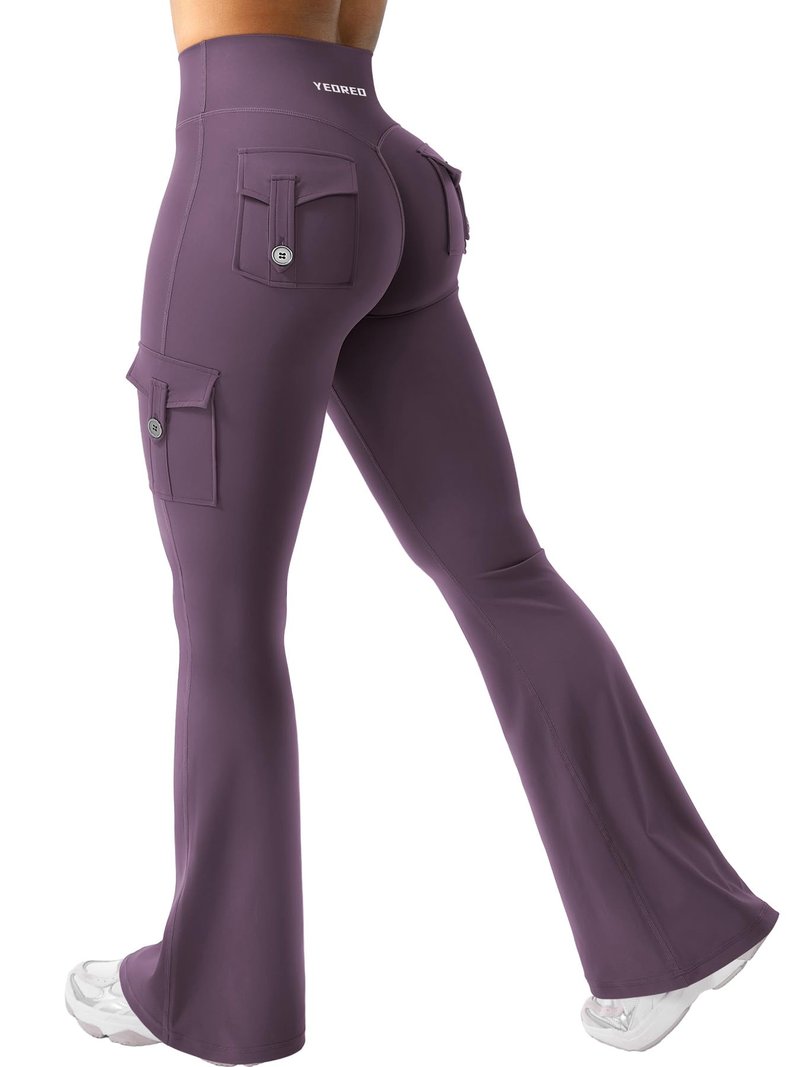 YEOREO CoreFlex Women Workout Flare Leggings with Pockets Hidden Scrunch Cargo Gym Yoga No Front Seam Leggings Black Berry Purple XXL