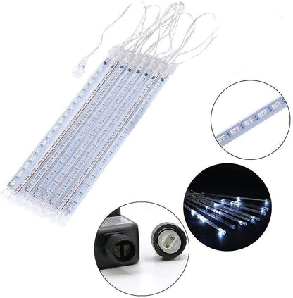 Kordain Christmas Lights Outdoor, Meteor Shower Lights Falling Star 12 inch 8 Tubes 144 LED Icicle Snow Falling Raindrop for Xmas Tree Halloween Party Decoration, UL Plug, White