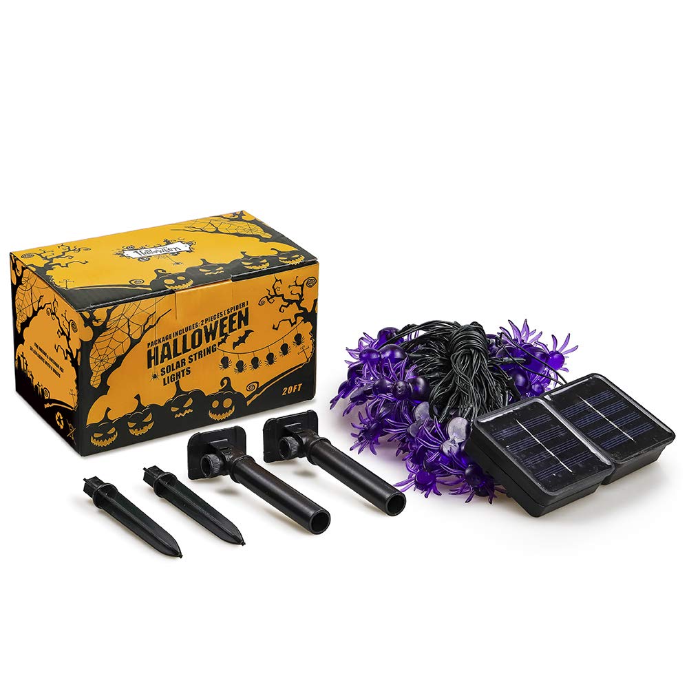 Qunlight Halloween Solar Lights, 2Pack 30 LED 20ft Purple Spider String Light with 8 Modes,Solar Power Waterproof Fairy Lights for Halloween Party,House,Garden,Yard Decoration Indoor Outdoor