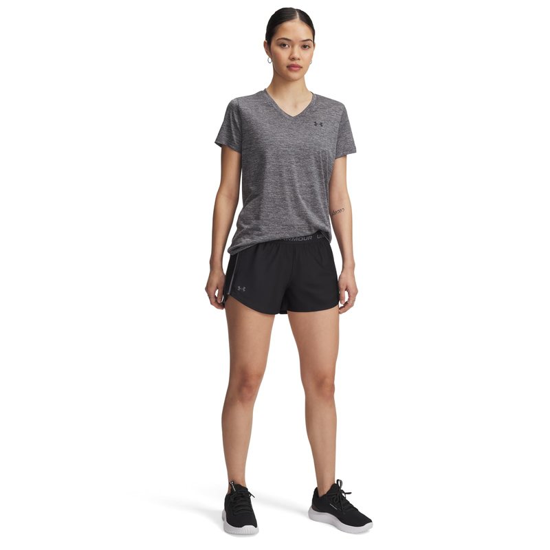 Under Armour Women's Tech Play Up Short, 3" Inseam Low Rise with Pockets, Quick Dry, Athletic Shorts for Workout, Running, and Gym, Black/Castlerock, Medium