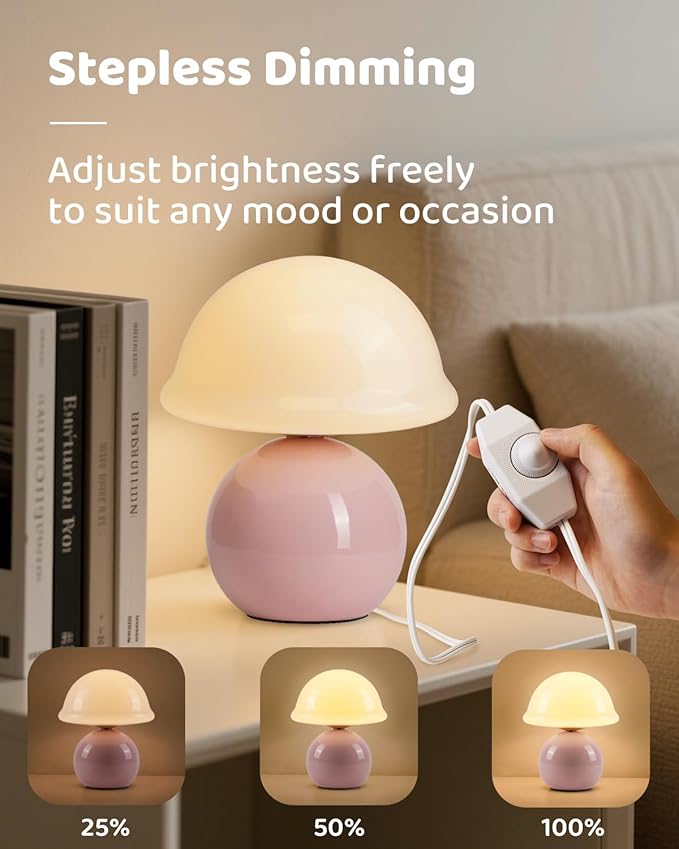Mushroom Lamp Bedside Table Lamp for Bedroom, Cute Small Lamps with Glass Lampshade, Nightstand Lamp with Dimmer for Living Room Kitchen Apartments Offices Desk Shelves (Pink)