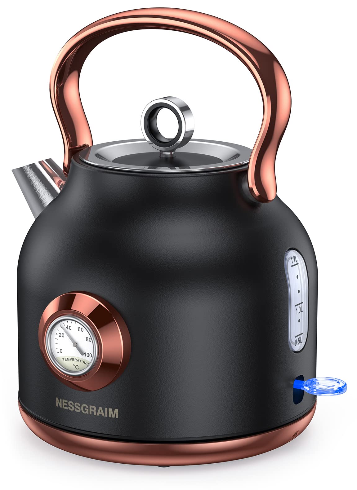 NESSGRAIM Retro Electric Kettle, 1.7L Stainless Steel Tea Kettle with Large Temperature Gauge, 1500W Fast Heating Hot Water Boiler with LED Indicator, Auto Shut-off & Boil-Dry Protection-Reteo Black