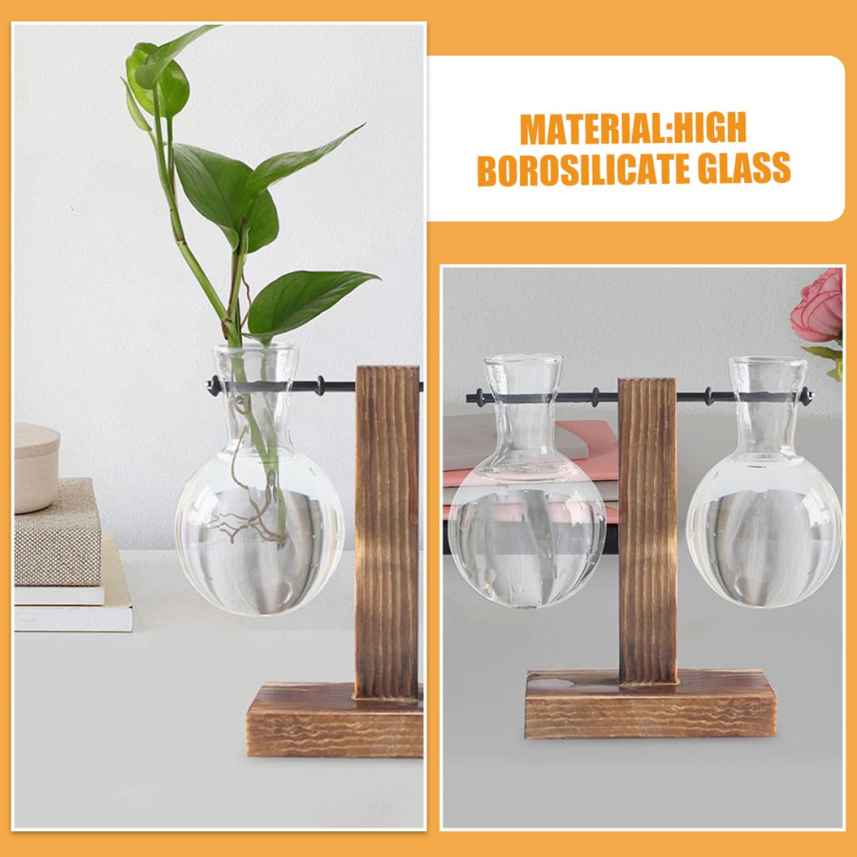 VICASKY 3pcs Hydroponic Glass Vase with Wood Stand, High Borosilicate Propagation Station for Indoor Plants and Flower Terrariums, Glass Plant Holder for Home Décor