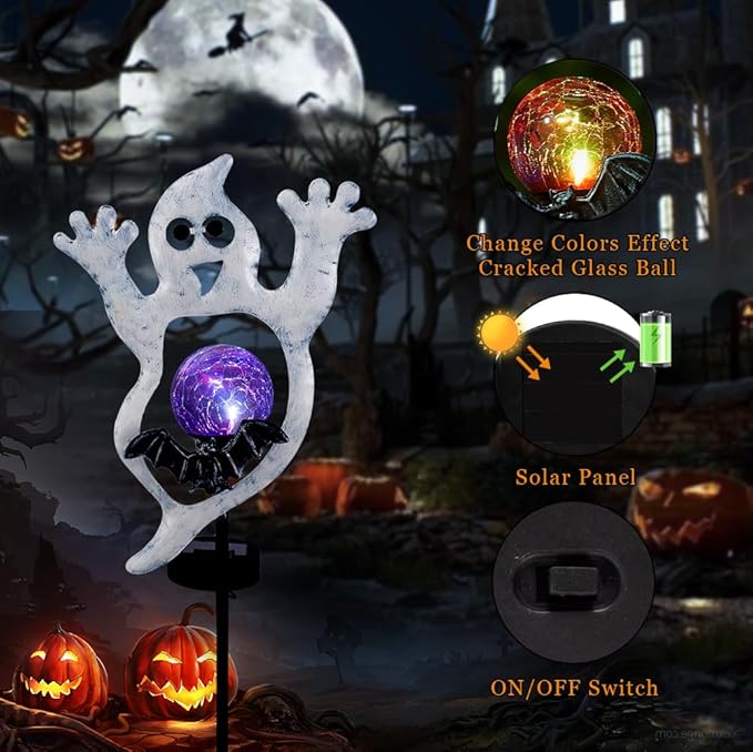 Viveta Solar Halloween Lights, 2 Pack Ghost Solar Lights Outdoor with Color Changing Crackle Glass Ball for Halloween Decorations Outdoor Garden Yard