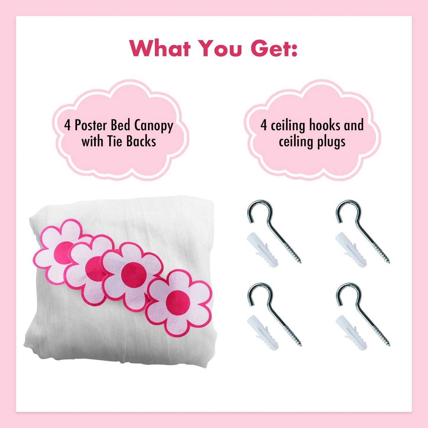 Wremedies for easier living Girls Princess Bed Canopy 4 Poster Style Bed Netting with Flowers Twin Bed Mosquito Easy Installation Net Box Set (White)