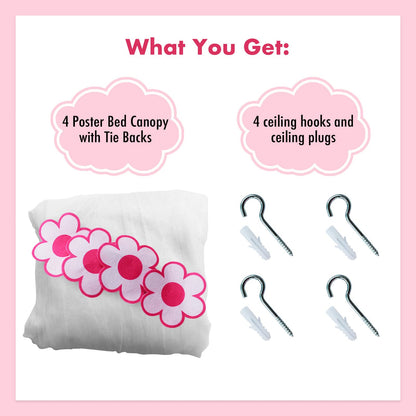 Wremedies for easier living Girls Princess Bed Canopy 4 Poster Style Bed Netting with Flowers Twin Bed Mosquito Easy Installation Net Box Set (White)