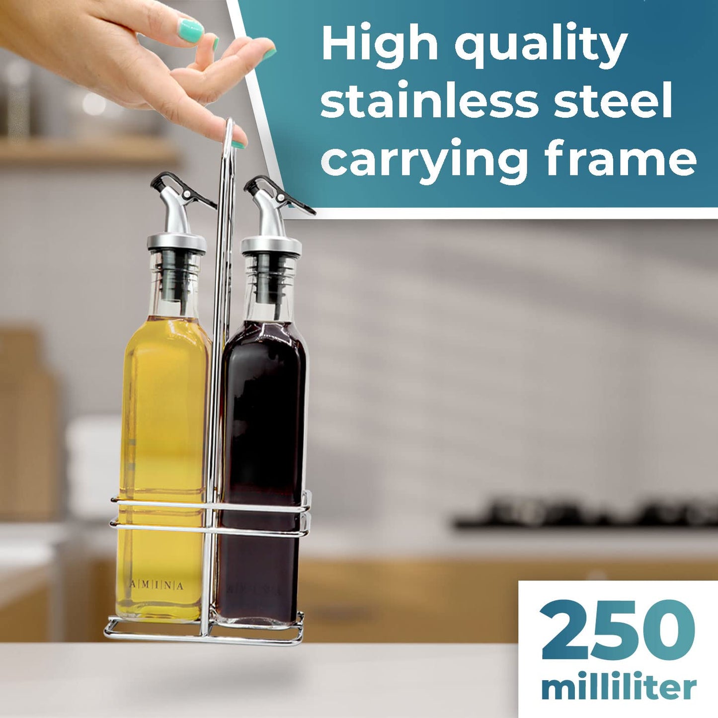 Cucino Vinegar and Oil Bottle Set - Includes Funnel and Labels - Pack of 2 Glass Bottles with Spouts, 250 ml Each - Perfect for Oliveoil