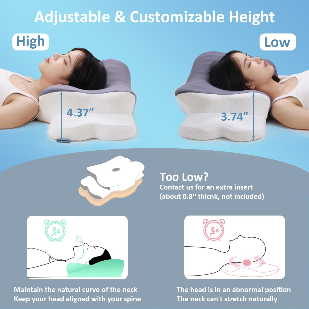 Topmener Cervical Memory Foam Pillow Ergonomic Orthopedic Butterfly Shape Bed Pillow Neck Support Sleeping Pillow with Wider Armrest, Cool Cover and Adjustable Height for Side Back& Stomache Sleepers