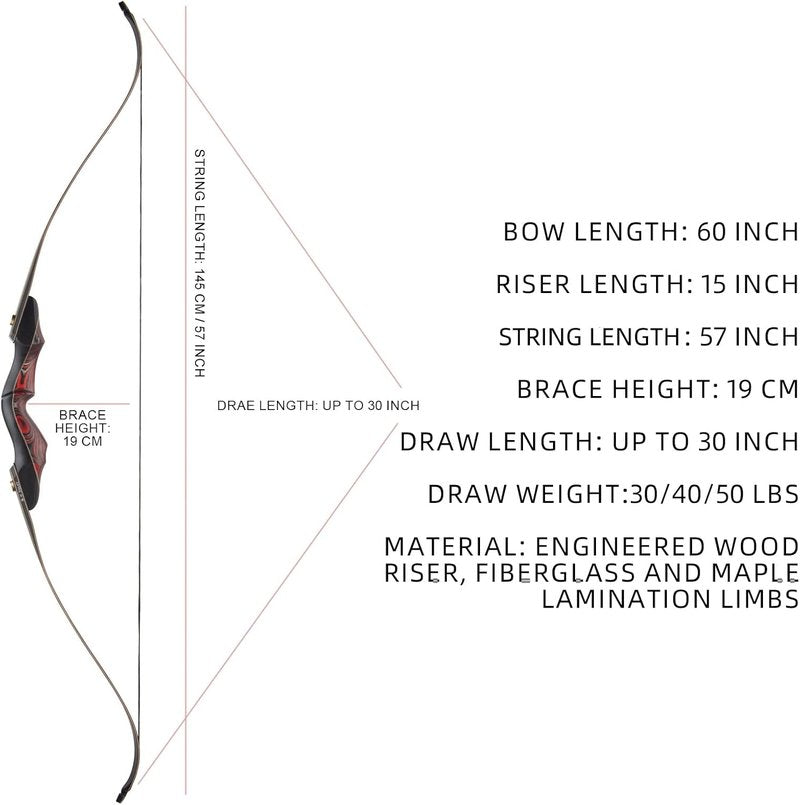 Recurve Bow and Arrow Set - 60'' Wooden Takedown Bow for Adults & Youth | Right Hand, 30/40/50lbs Options