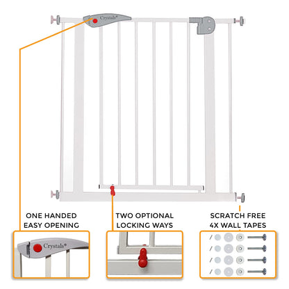 Baby Gate for Doors and Stairs, 10 cm Extension, Stair Gate Pressure Fit - No Screws, Child Stair Gate for Widths 75 to 85 cm, Dog Safety Gate One-Handed Opening to Both Sides, Metal, White/Grey
