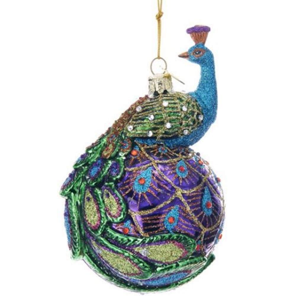 Kurt S. Adler Peacock Themed Purple Blue Teal Green Ornaments (Noble Gems? 5" Peacock Glass Ball Christmas Tree Ornament NB1345)