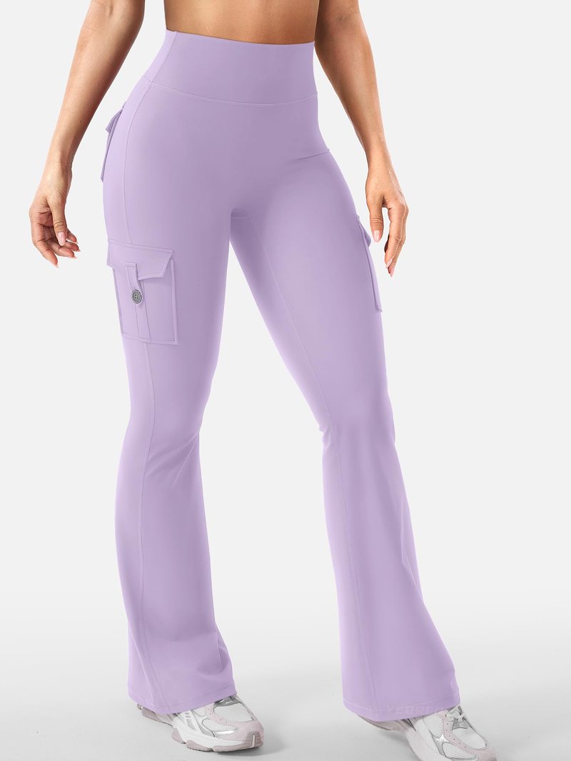 YEOREO CoreFlex Women Workout Flare Leggings with Pockets Hidden Scrunch High Waisted Cargo Gym Yoga Leggings Fog Purple XL