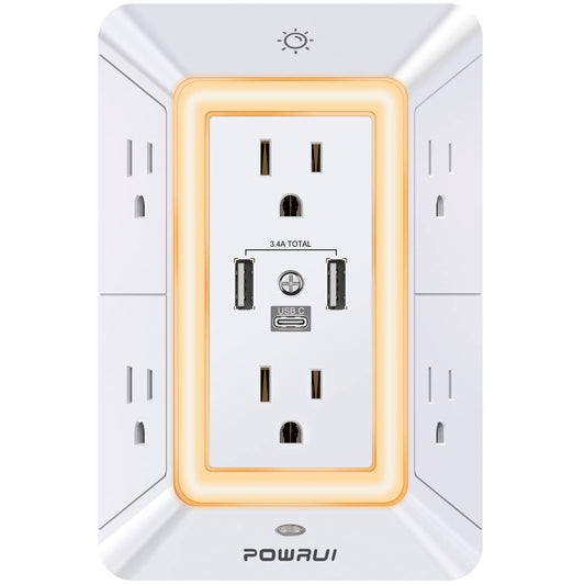 3-Sided Outlet Extender with Night Light - POWRUI Multi Plug Outlet with 5 Outlets and 4 USB Ports(1 USB-C), USB Wall Charger for Home, Office, Travel, ETL Listed, White