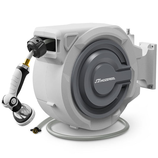 110 FT Retractable Garden Hose Reel by HOZEREEL, Outdoor Garden Hose Reels 1/2" - Automatic Self Retract Wall Mount Hose Reel Enclosed Storage, Any Length Lock, 10 Pattern Nozzle-Grey