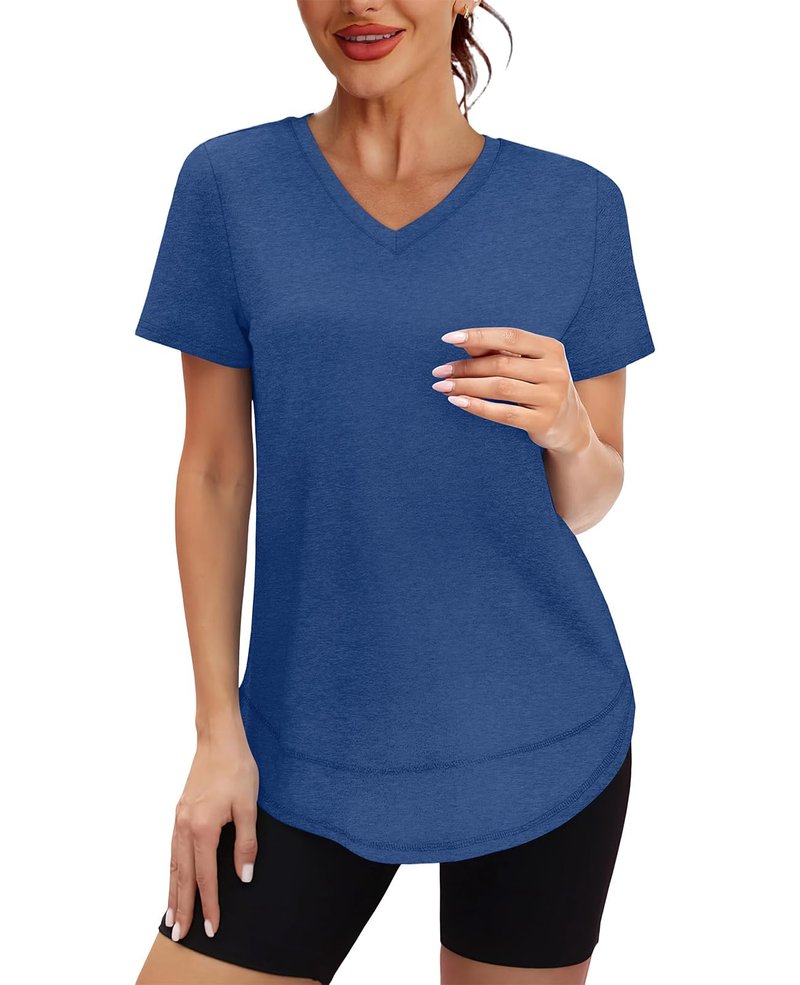 Summer Tops for Women 2026 Short Sleeve Workout Clothes Athletic Shirts Pilates Outfits Camisetas Deportivas para Mujer V Neck Blue L