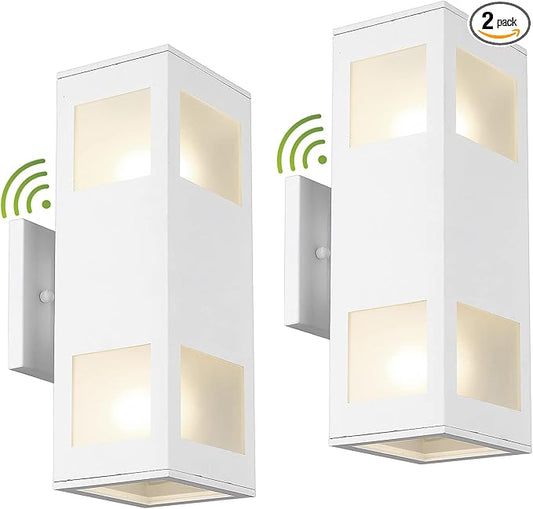 Outdoor Wall Lights, 2 Pack Dusk to Dawn Porch Light Waterproof, 13" Modern Outside Light Rectangular, Large Up Down Exterior Lighting Fixtures for Patio, Garage, Doorway, White