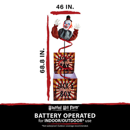 Haunted Hill Farm Life-Size Talking Clown Jack in The Box, Halloween Animatronic with Motion and Touch Activated Lights and Sounds, Battery Operated Indoor or Covered Outdoor Halloween Decorations