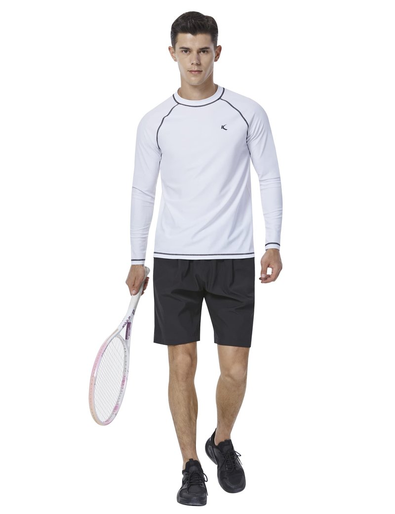 Mens Rash Guard UPF 50+ Swim Shirts UV Sun Protection T-Shirt Quick Dry Long Sleeve Beach Shirts for Fishing, White, L