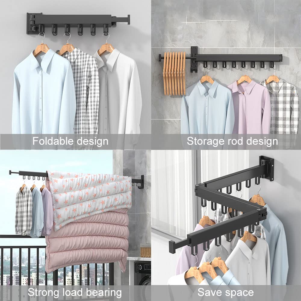 Clothes Drying Rack Wall Mounted, Retractable Garment Rack with Hooks, 360° Rotating Tri-Collapsible Laundry Clothes Drying Rack for Balcony, Laundry, Bathroom （black）