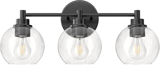 VONLUCE Bathroom Light Fixtures, 3-Light Vanity Light with Globe Glass Shades E26 Sockets, Bathroom Lights Over Mirror for Bedroom Hallway Living Room, Black Finish
