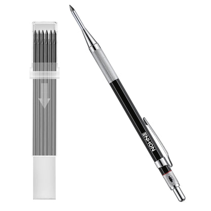 Enhon 2mm Mechanical Carpenter Pencil Set with 12 Marker Refills and Sharpener, Woodworking Marking Tool Solid Deep Hole Construction Pencil, Extended Needle-Nose Tip for Use in Jobs (Black)
