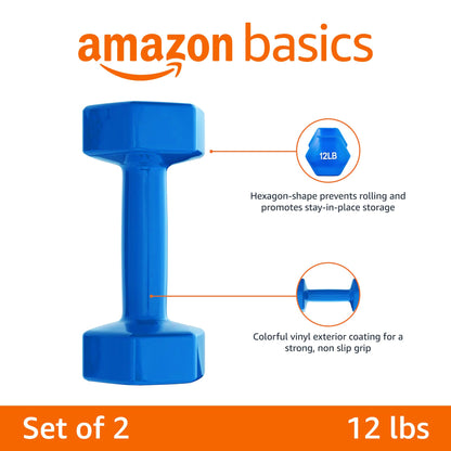Amazon Basics Vinyl Coated Dumbbell Hand Weights, 12 Pounds, Pair, Blue