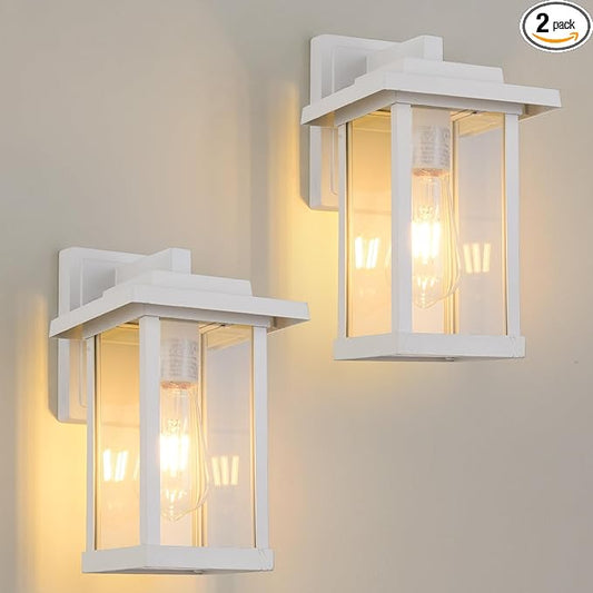 Outdoor Wall Sconce, Outside Porch Light Fixtures, Anti-Rust Exterior Wall Lights in Matte White Finish with Clear Glass for Garage Doorway Entryway, 2 Pack