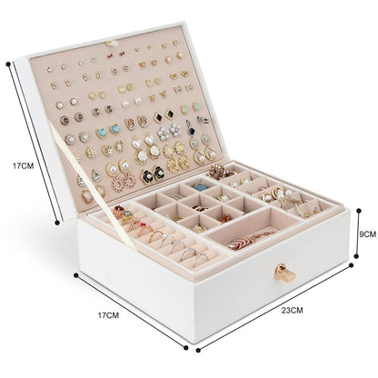 YONZONE Jewellery Box Organiser for Women Girls, 3 Layer Large Jewellery Case Storage with Removable Compartment for Necklace Earrings Rings Bracelets, PU Leather Travel Jewelry Boxes Gift, White