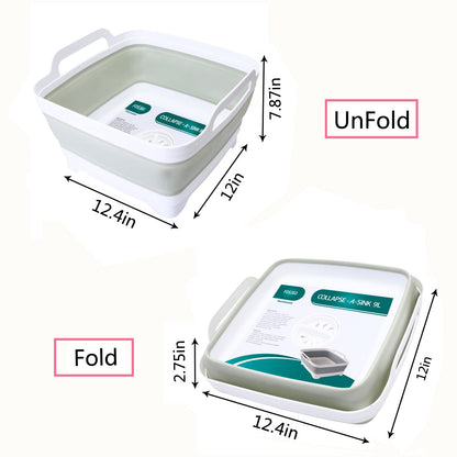 FOSJGO Collapsible Dish Basin with Drain Plug and Carry Handles - 9L Capacity, Portable Sink Tub for Camping and RV