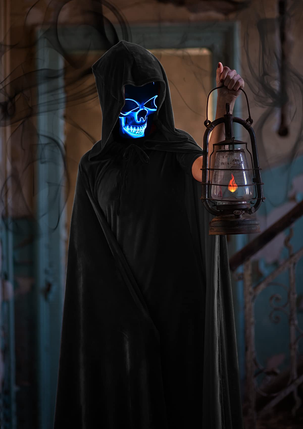 Double Couple Halloween Costumes for Adults with Scary Light up Mask Cosplay Cape Costumes Cloak with Hood for Women Men