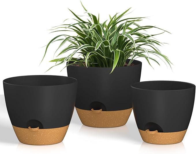 ZMTECH 8/9/10 Inch Self Watering Plant Pots with Watering Lip, Planters with Drainage Holes and Removable Saucer, Plastic Flower Pots for Indoor Outdoor Plants (3 Pack,Black)