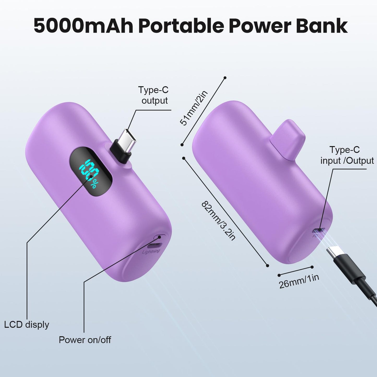 Mini Portable Charger USB C Power Bank,Upgraded 5000mAh PD Fast Charging Battery Pack Built-in USB-C Connector,LCD Display,Compatible with iPhone16,16 Plus,16Pro/Max/15,iPad Pro/Air,Android Phone etc