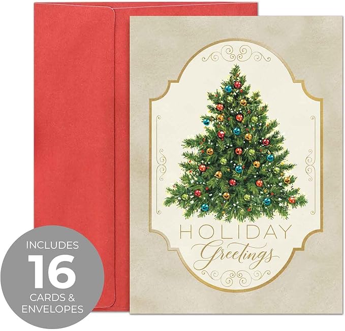 Masterpiece Nostalgic Christmas Tree Cards / 16 Boxed Holiday Card Set With Coordinating Red Envelopes / 5 5/8" x 7 7/8" Folded Greeting Cards With Inside Verse