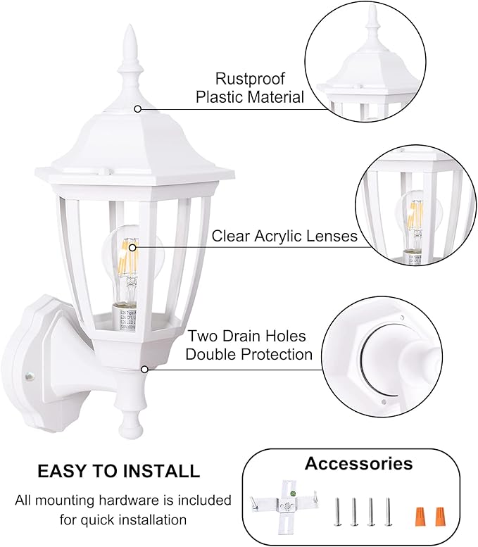 FUDESY Outdoor Wall Lantern, Exterior Waterproof Wall Sconce Light Fixture, White Front Porch Light Wall Mount for Garage, Patio, Yard, FDS2542EW (Bulb Included) 2-Pack