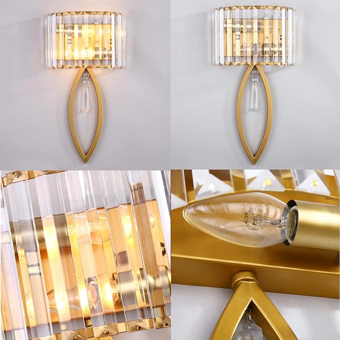 Modern Crystal Wall Light Gold Glass Crystal Wall Sconces Light Mid-Century Vanity Light Indoor Elegant Wall Lighting Fixtures for Bedroom Living Room Hallway Entryway