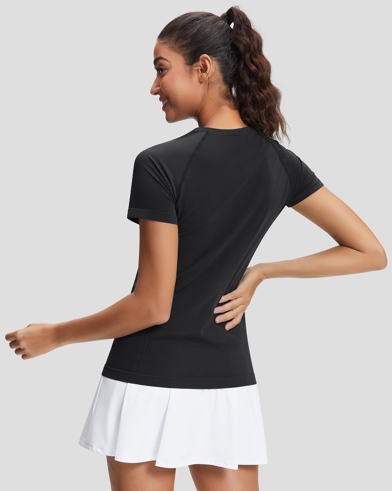 Stelle Women Seamless Workout Shirts Short Sleeve Athletic Top Yoga Gym Running T-Shirts(Black,M)