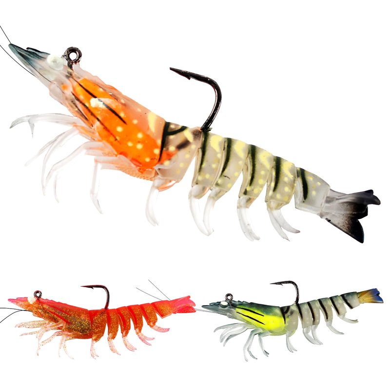CASTSTRIKE 3Pcs Shrimp Fishing Lures for Saltwater and Freshwater Soft Bait Pre-Rigged Glow Eyes Lifelike Silicone Prawn Jig for Bass Trout Redfish Flounder Crappie Snook Walleye Fishing (3.5 in 3pcs)