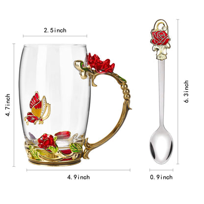 OEAGO Gifts for Women Mom Mothers Tea Cup Best Birthday Butterfly Rose Gifts for Her from Daughter Son Glass Coffee Christmas Enamels Mug Lead-Free with Spoon Set
