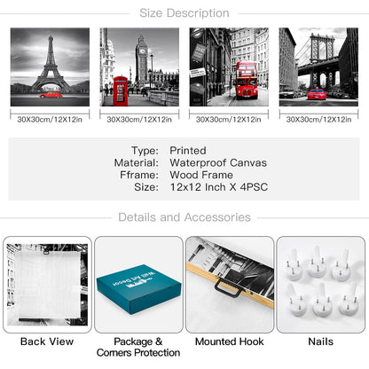 Artscope 4 Pieces Wall Art Canvas Prints - Red Cityscape with Eiffel Tower, Big Ben, Tower Bridge Picture Painting- Modern Wall Artwork Framed for Bathroom Home Office Decor - 30 x 30 CM