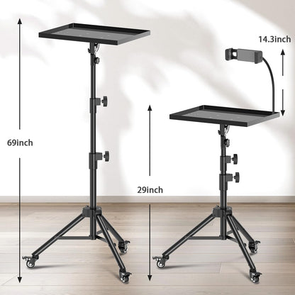 GZGDLJQ Projector Stand with Wheels, Laptop Tripod from 29" to 69" with Mouse Tray, Adjustable Height DJ Racks Stands with Gooseneck Phone Holder, for Office, Home, Stage, Studio, 1 Pack Black