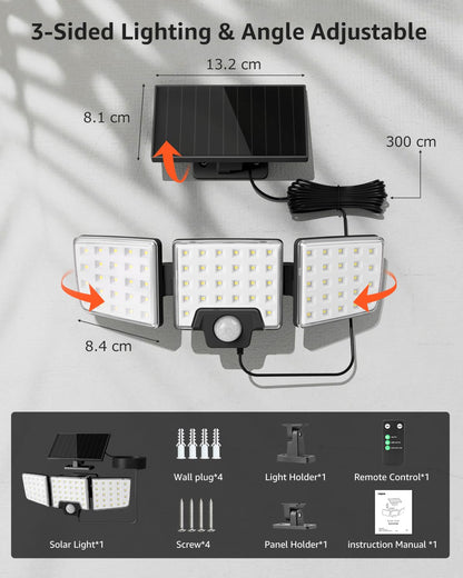Lepro Solar Security Lights Outdoor Motion Sensor, 2 in 1 Separated and Integrated Remote Control IP65 Waterproof Solar Lights with 3 Light Modes, 3 Heads Solar Floodlight for Garden Yard