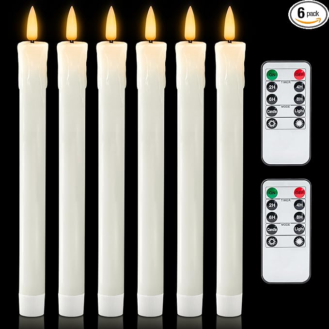 Homemory 6 PCS Real Wax Flameless Taper Candles with Remote, Flickering LED Candlesticks with Timer Dimmer, Fake Candles for Xmas Wedding Celebration Decor, White, 9.6 Inches