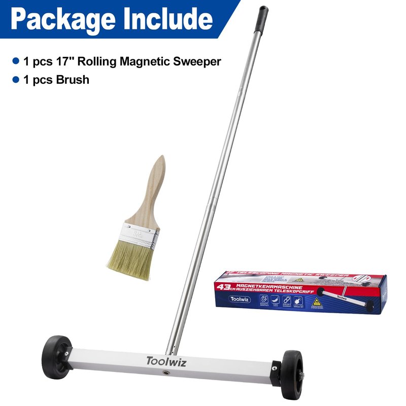 Toolwiz Magnetic Pick Up Sweeper 17-inch Heavy Duty Magnet Pickup Lawn Sweeper Roofing Tools, 8.8 Lbs Yard Tools with Smooth Wheels to Clean Nails for Construction