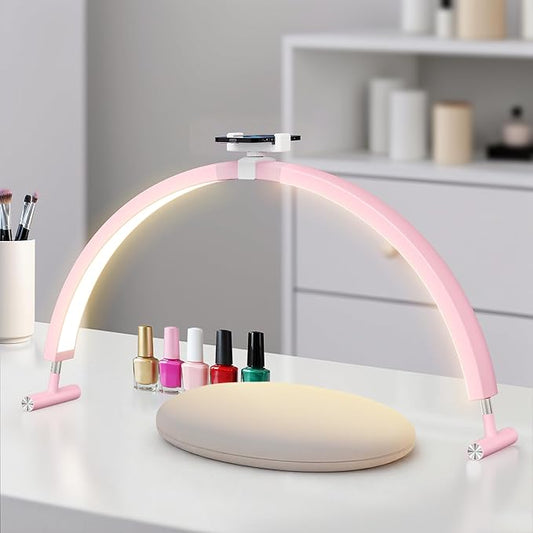 Nail Light for Desk, 30'' LED Half Moon Lamp for Nail Techs, Manicure and Handicraft, Adjustable Color Modes and Brightness, with Phone Holder (Pink)