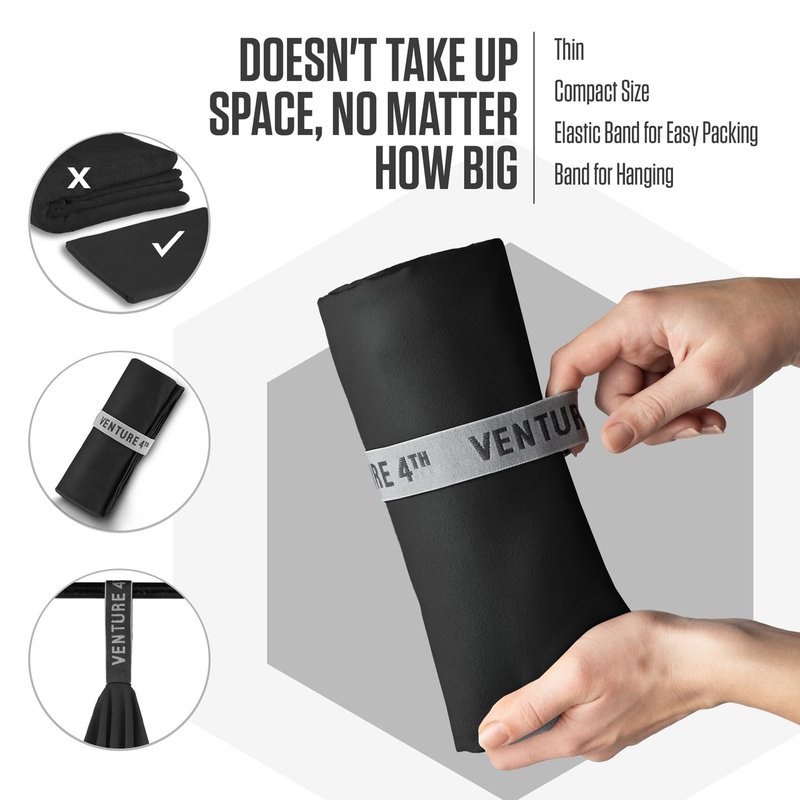 VENTURE 4TH Quick Dry Towel - Microfiber Travel Towel for Camping, Hiking, Gym, Beach - Lightweight, Packable, Compact Backpacking Companion - Black Medium